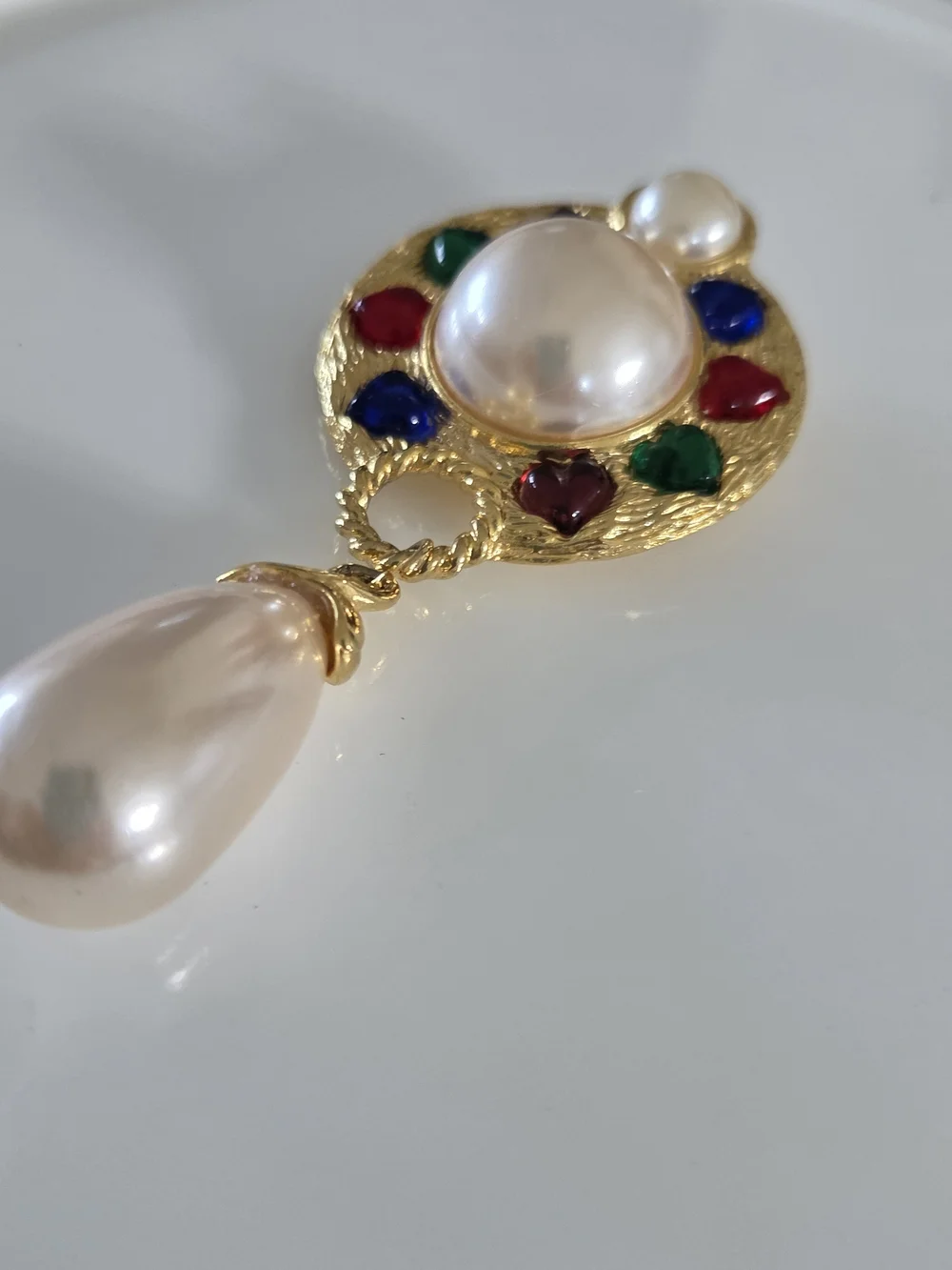Vintage Gold-Tone Multicolor Hearts & Faux Pearl Drop Brooch